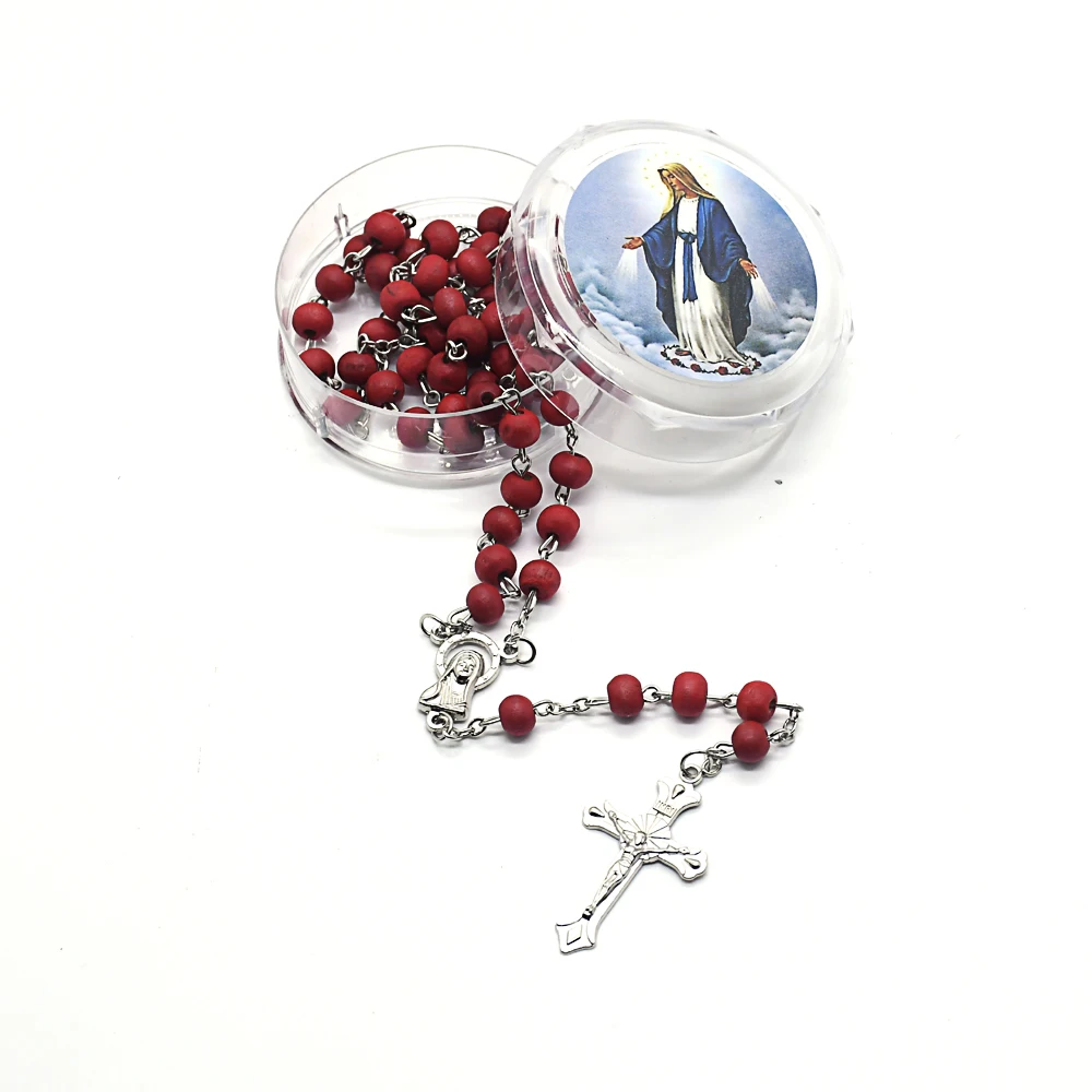 QIGO Wood Beads Cross Pendant Necklace Long Rosary With Box Religious Jewelry Red Black Brown