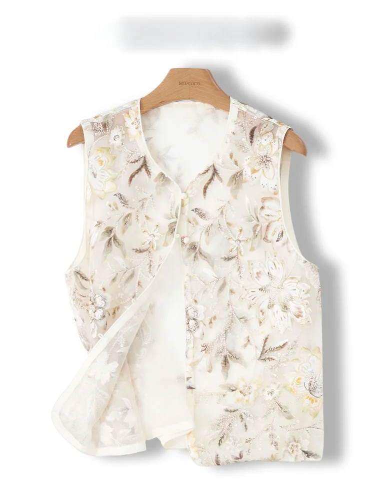 

Elegant Thin Embroidered Beaded Vest Women's Sleeveless Top V-Neck Mid-Length Single Button Closure Floral Patterned