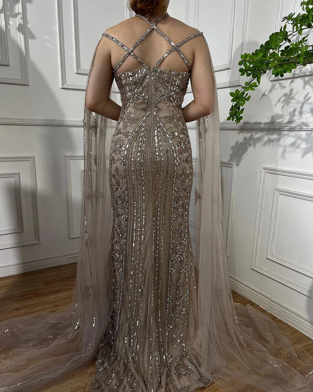 Hot Sale Arabic Dubai Mermaid Prom Dresses With  Cape Sleeves Beaded Evening Dresses Gowns For Women Formal Party فساتين الحفلات