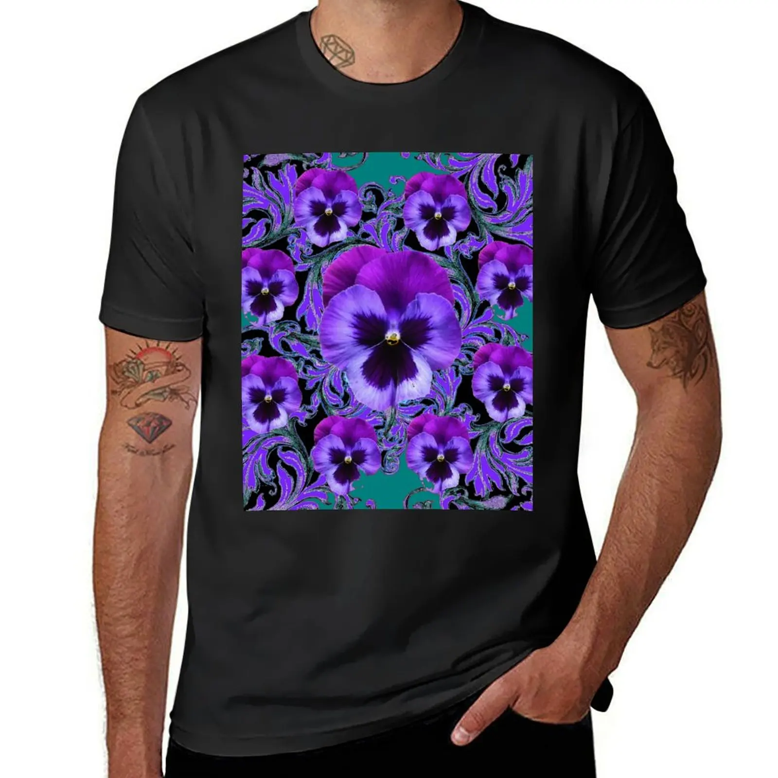 BLACK-PURPLE GARDEN PANSIES PATTERNS TEAL ART T-Shirt for a boy tops blacks Men's t-shirt