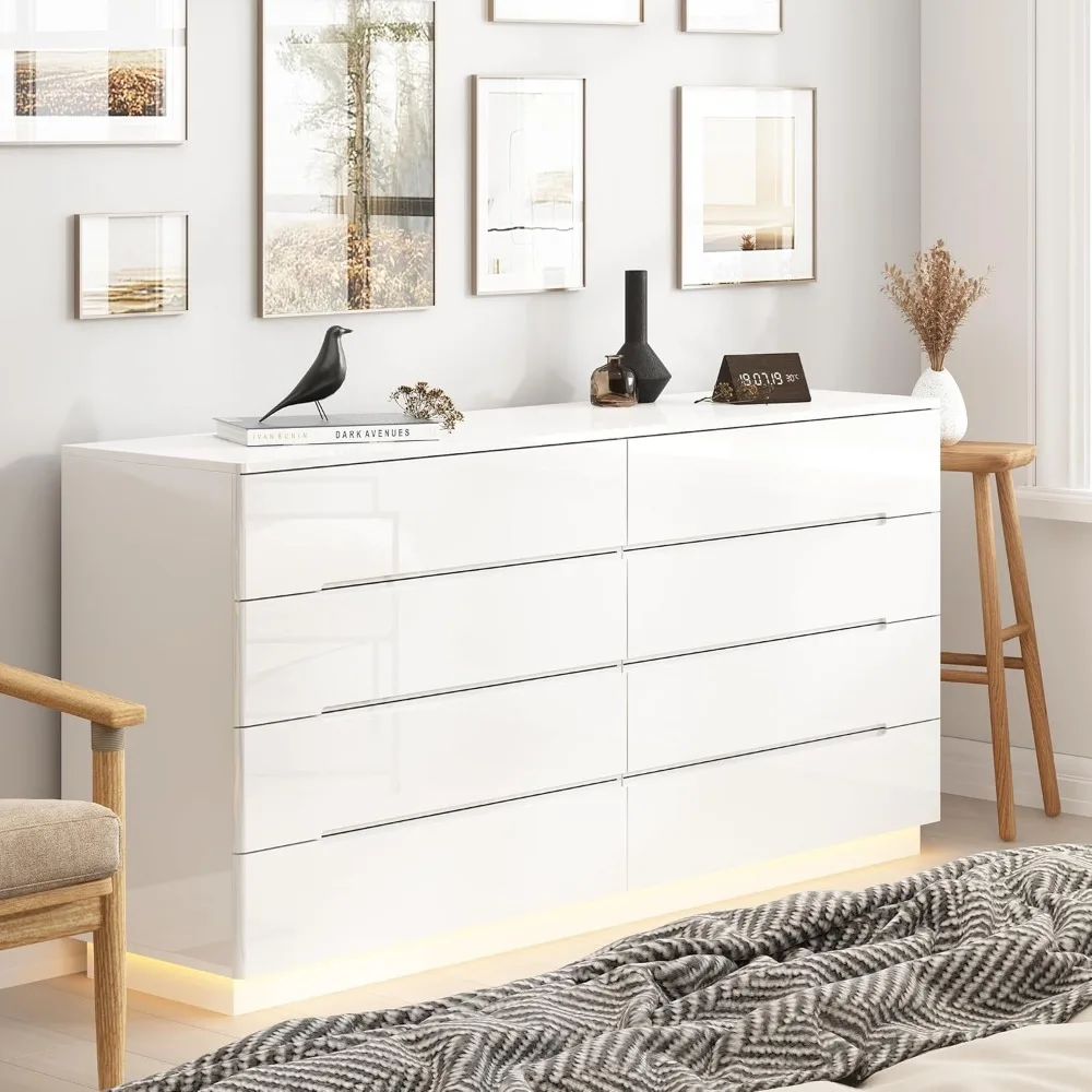 Homsee Large 8 Drawer Double Dresser with LED Light, Modern Dresser Chest of Drawers with High Gloss Surface for Bedroom, White