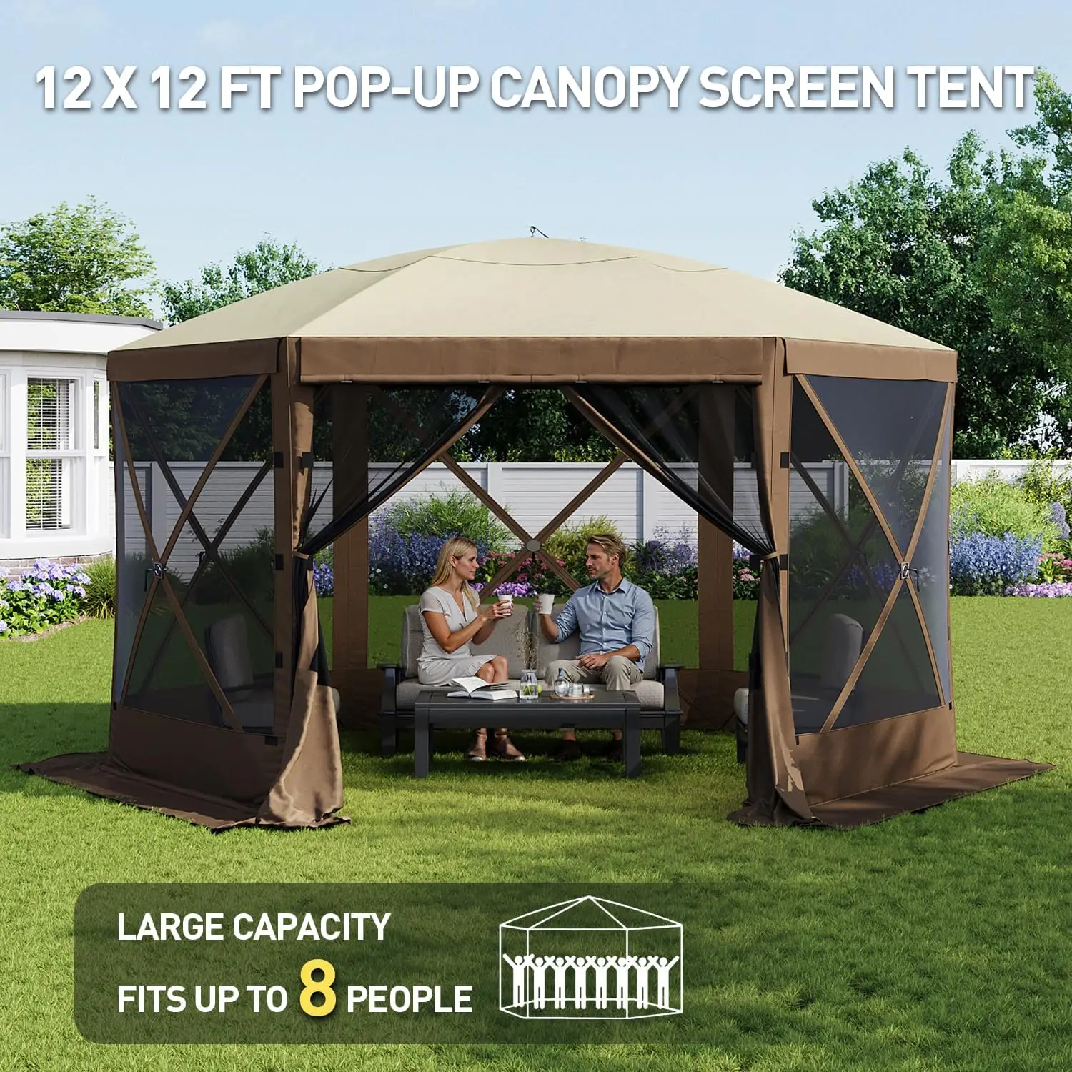 Outdoor Camping, Backyard, Patio, Lawn - Pop Up Canopy Tent with Mesh Windows, Brown Color, Comes with Carrying Bag