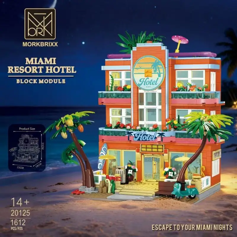 1612pcs Miami Holiday Beachfront Tropical Atmosphere Light Building Blocks Model Holiday Beach Hotel Architectural Kit