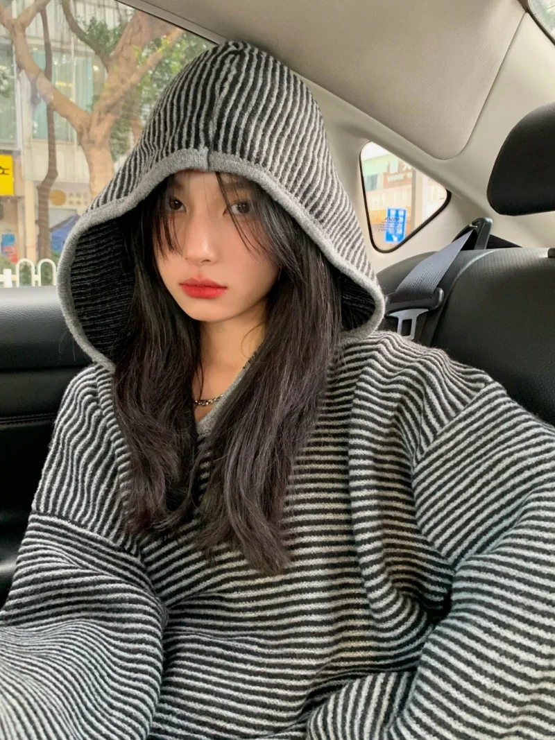 Harajuku Streetwear Trendy Punk Hooded Pullovers Vintage Striped Knitted Sweater Y2k Fashion Loose Casual Jumpers Fall Winter