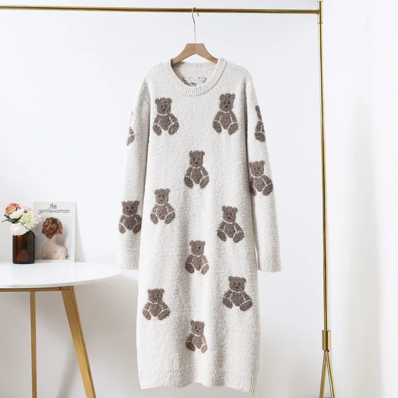 Kuzuwata JAPAN Casual Home Wear Sleepwear O Neck Long Sleeve Bear Embroidery Pajama Dress Autumn Winter Loose Casual Underwear