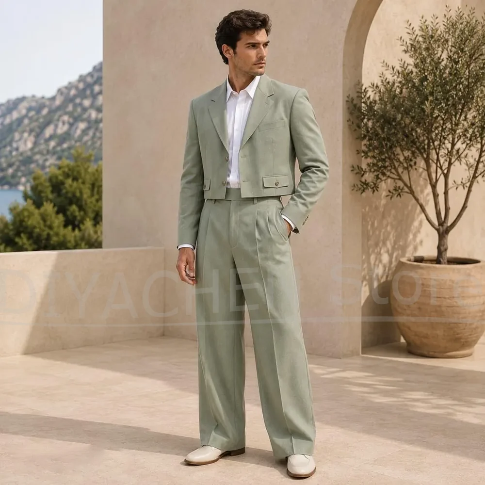 Chic Men Cropped Blazer 2 Piece Suit Wide Leg Trousers Notch Lapel Daily Casual Outfit Formal Wedding Groomsmen Party Tuxedo