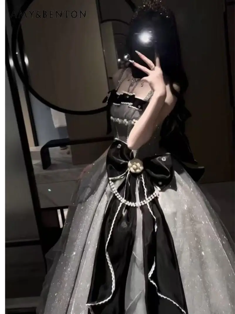 الراقية ضوء فاخر أنيق الجنية نمط لوليتا فستان JSK عالية الخصر سليم ثلاثي الأبعاد زهرة القوس الكبير فستان الأميرة توتو