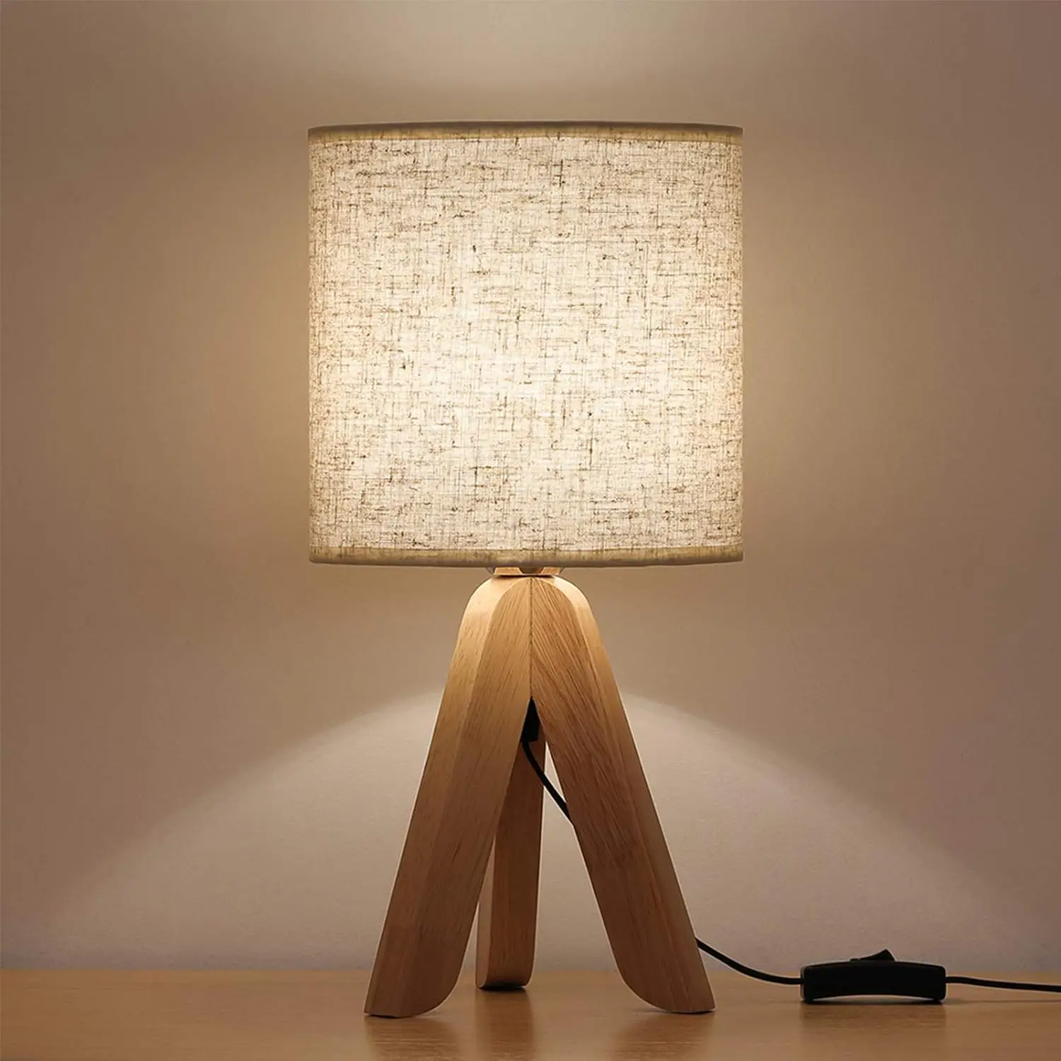 Small Bedside Table Lamp - Wooden Tripod Nightstand Lamp for Bedroom, Living Room, Office, Home with Fabric Linen Shade