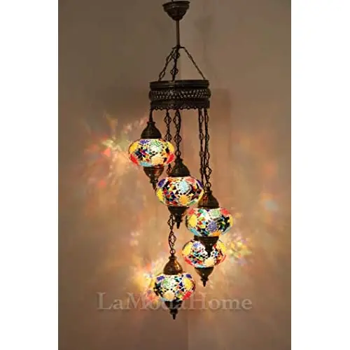 LaModaHome 40 + Unique Colors, 2020 Customizable Chandelier 5 Globes + Free 5 Bulbs, stunning Mosaic Turkish Lamp Moroccan Light