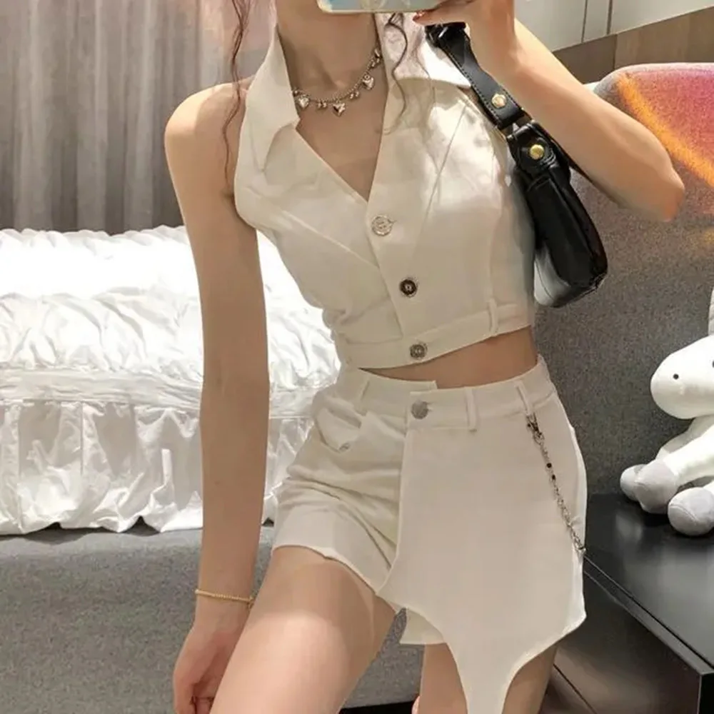 

2024 Summer Two Piece Set Female Studentgirl Chic Hot Girl Backless V-neck Tank Top + Irregular Patchwork Shorts Set Skirt Pants