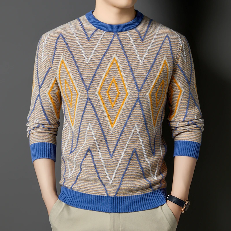 

Pure 100% Cashmere Wool Men Clothes 2025 Winter Fashion Argyle Patterns Warm Pullover Tops Long Sleeve Soft Sheep Wool Sweater