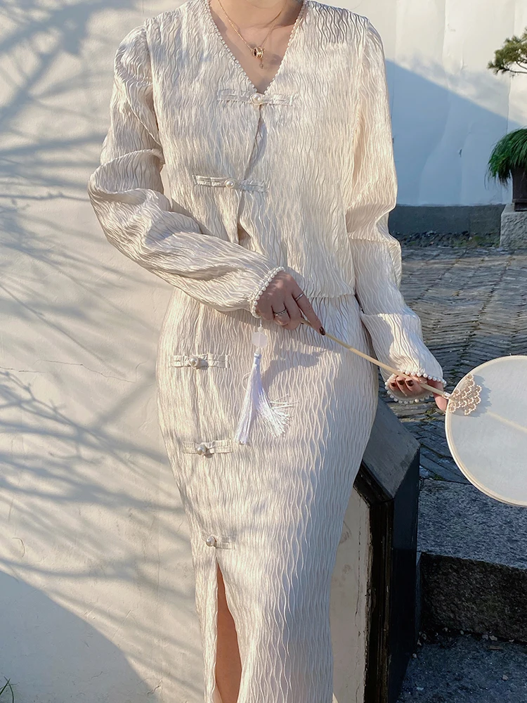 

ReVe High-End New Chinese Sle Set Vintage Amber Bleaching f Skirt with Light Polarization Water Wave Crease Skirt