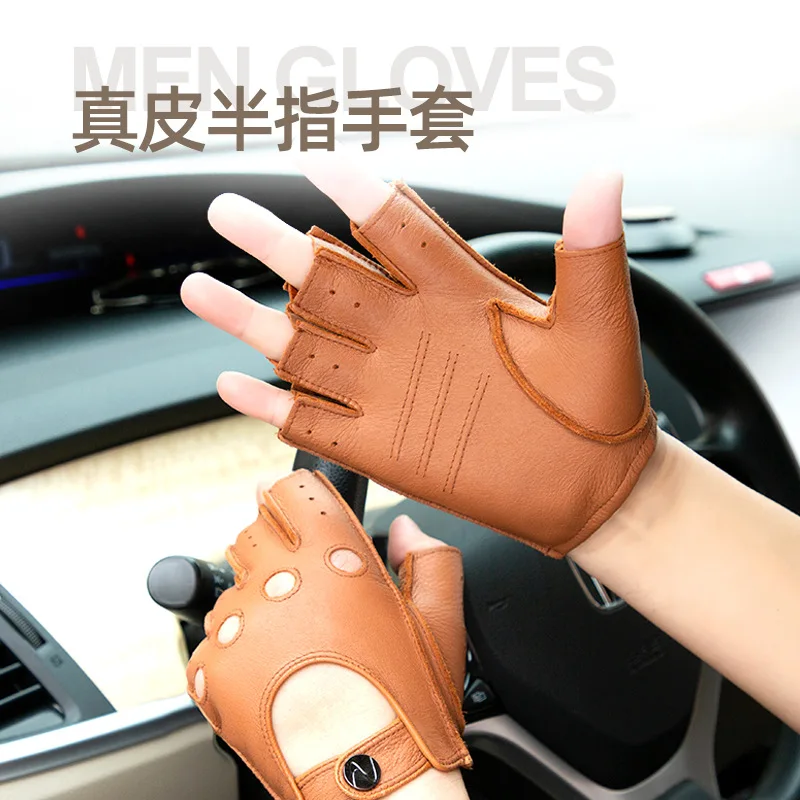 Men's Gloves Half Finger Porous Breathable Sheepskin Motorcycle Riding Thin Men's Gloves Leather Outdoor Sports Street