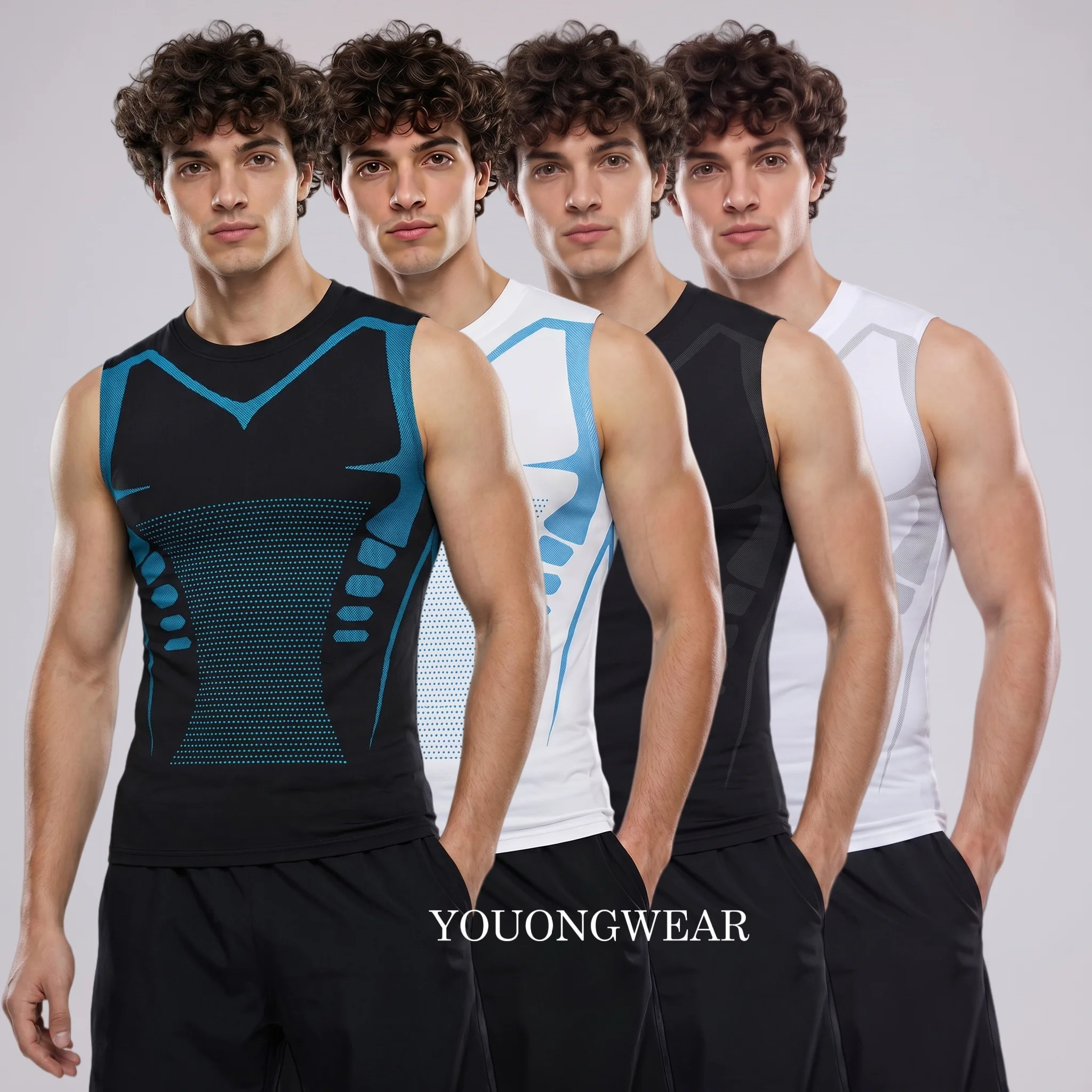 4 Pack Men Quick Dry Printed Compression Tank Top Breathable Stretch Tight Sleeveless Athletic Vests Gym Running Sport Tees