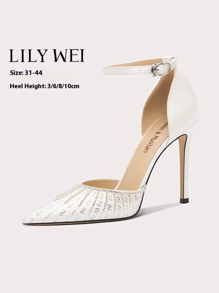 

Тонкие босоножки на высоком каблуке, новые летние остроконечные шелковые свадебные туфли со стразами, банкетные женские туфли большого размера маленького размера