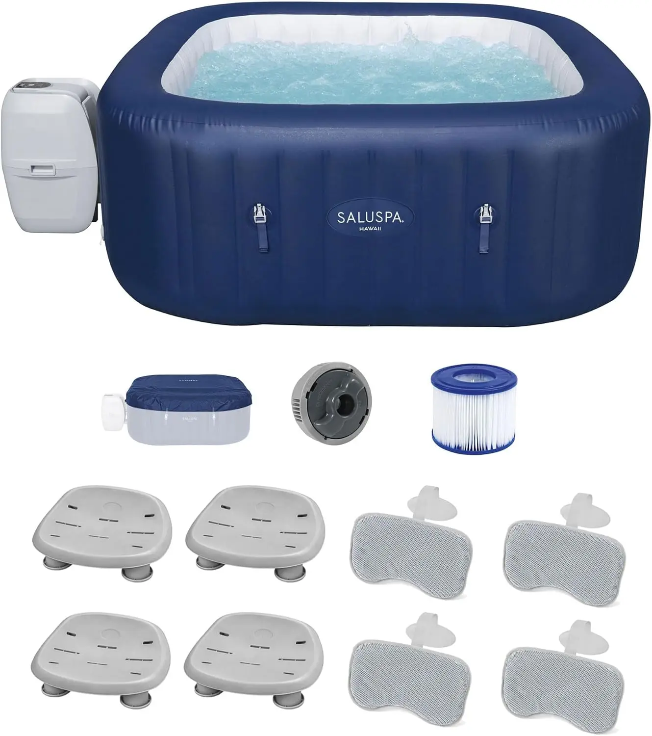 Saluspa Hawaii Airjet Inflatable Hot Tub With Energysense Cover, Blue + Spa Seat (4 Pack) + Pillows (2 Pack)