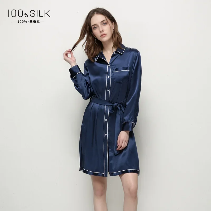 100% Mulberry Silk Cardigan Nightdress Long Sleeve Nightgown Solid Color Sleepshirts Belted Chemise Nightshirt Sleepwear Pajama