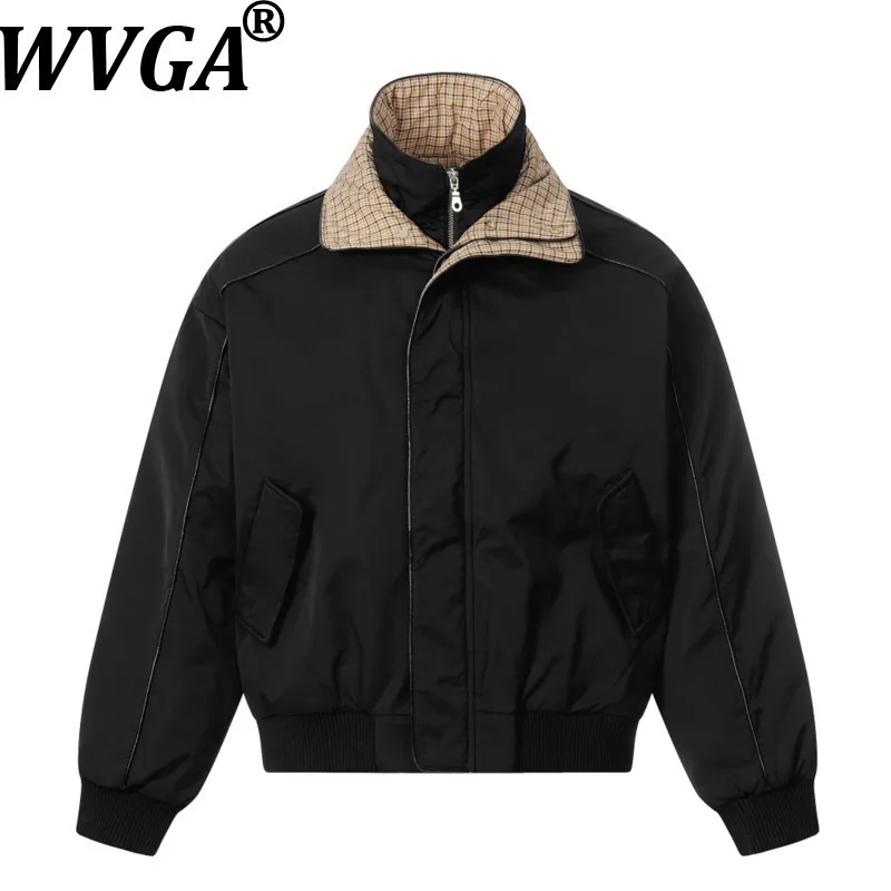 

WVGA Autumn Winter New Man High Street Fake Two-Piece Plaid Trendy Jacket Niche Chic Casual Double Layer Collar Coats Ins W12707