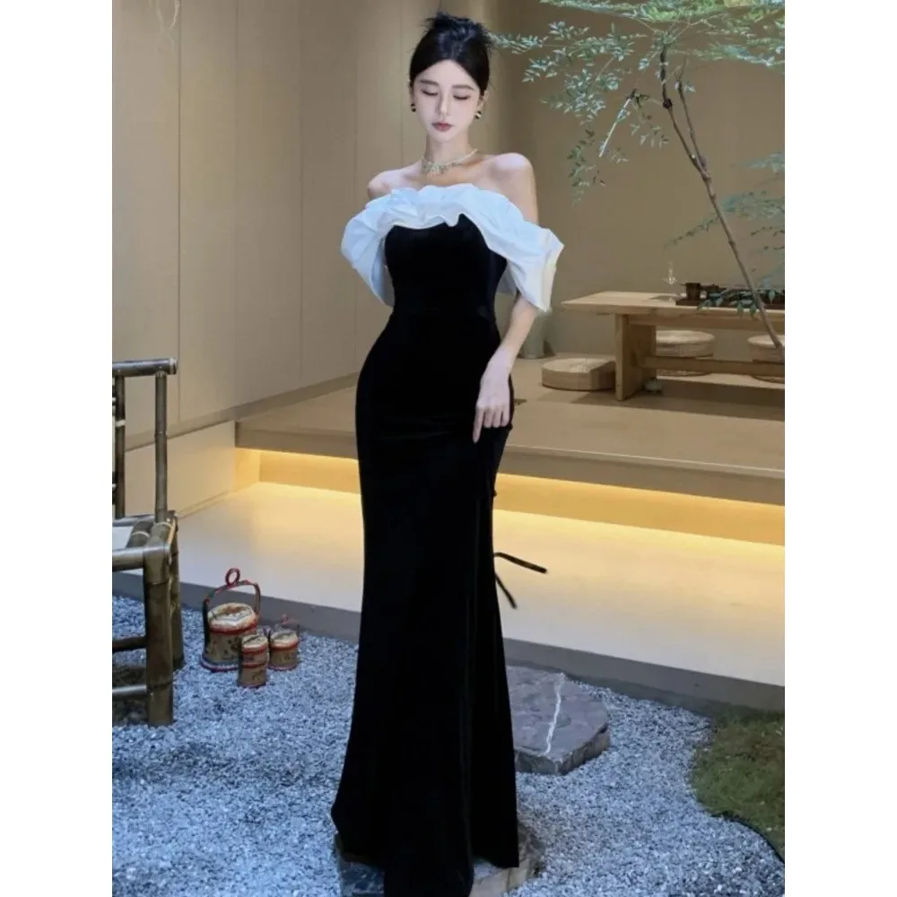 

Women Sexy Off Shoulder Party Dress 2024 New Slim Waist French Patchwork Elegant Lady Maxi Fashion Solid A-line