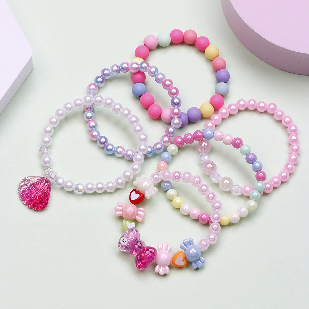 6pcs/set Bracelet Party Bracelets Star Heart Candy Color Beads Children Kids Beads Bracelets Rings Set for Girls Gift