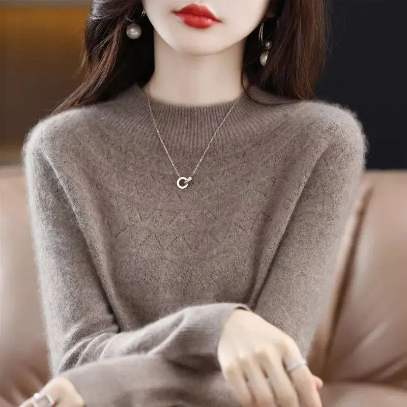 Women's New Half High Collar Hollow Out Loose Sweater Fashion Solid Color Long Sleeve Autumn Winter Pullover Knitted Bottom Tops