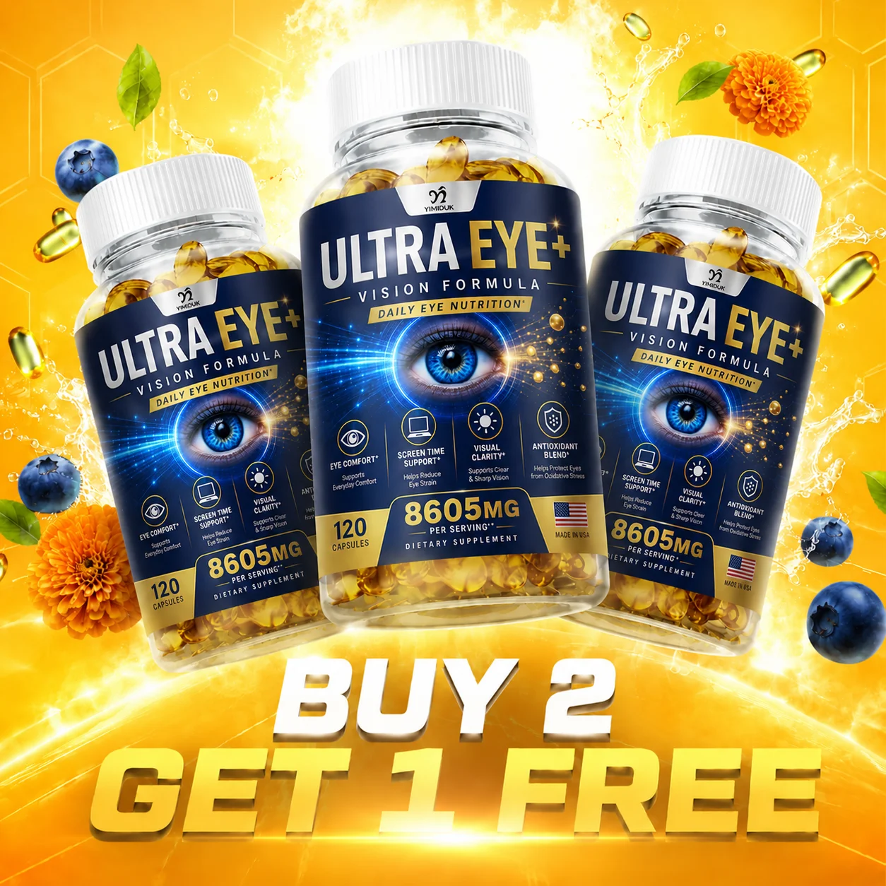 YIMIDUK Ultra Eye+ Vision Capsules with Lutein Zeaxanthin Bilberry, Supports Blue Light Protection, Eye Comfort & Screen Fatigue