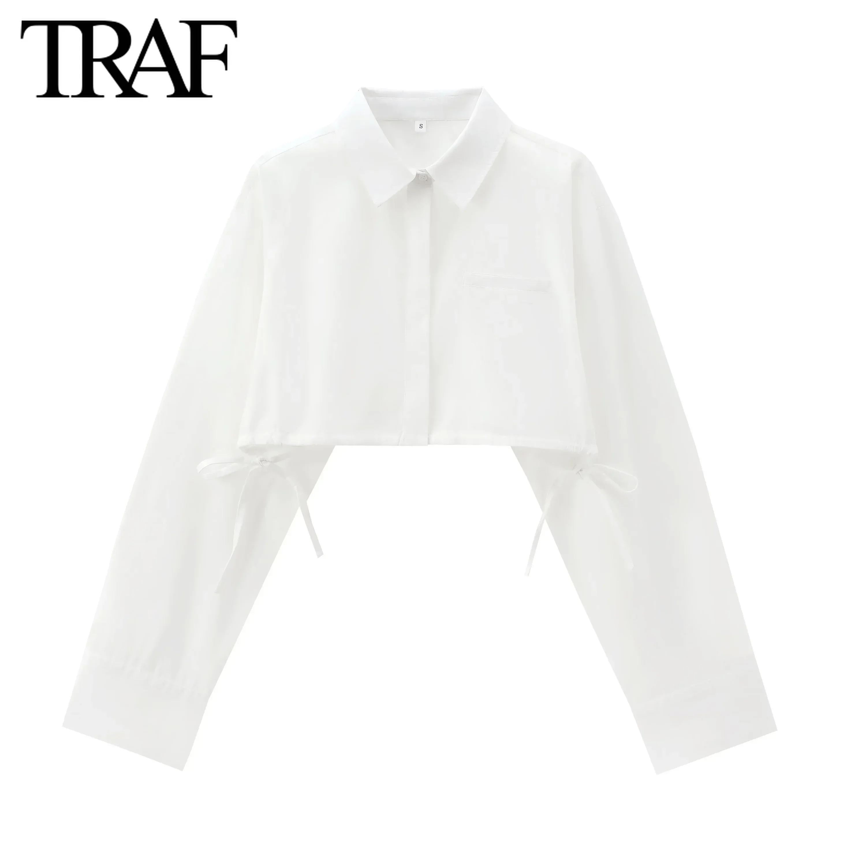 TRAF Women Fashion Autumn New Drawstring Long Sleeve Single-breasted Lapel Short Blouse Street Clothing Shirt Chic Ladies Top