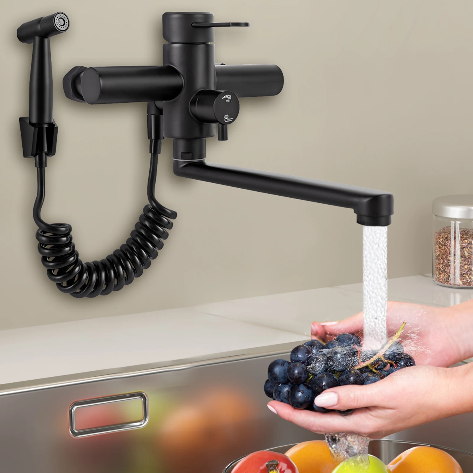 Kitchen Tap Wall Mounted Wall Mixer Tap with Spray Gun and 3 Water Jet Types Kitchen Tap Sink Mixer Tap 360° Rotatable