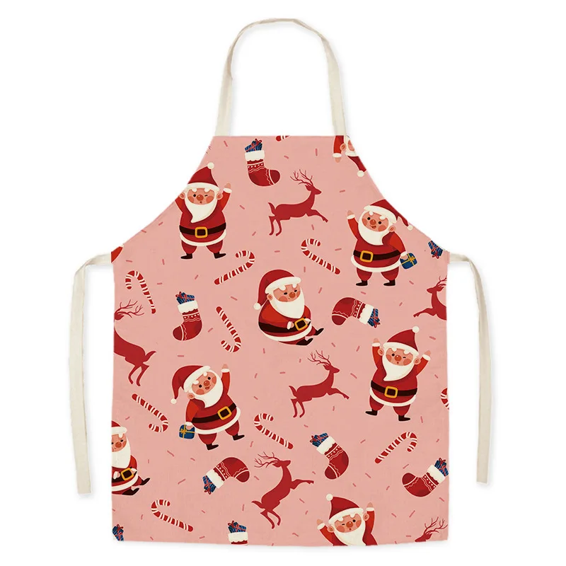 Christmas Deer Print Cleaning Apron Cotton Linen Adult Bib Coffee  Home Cooking Santa Kitchen