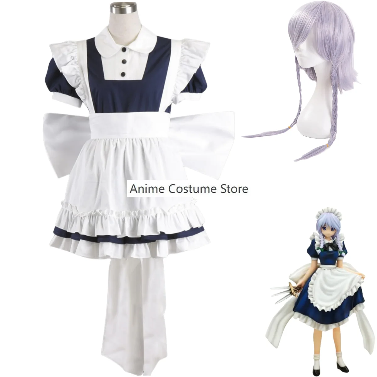 Anime TouHou Izayoi Sakuya Cosplay Fantasia com Peruca, Traje de empregada, Vestido Lolita, Vestido feminino, Sexy, Kawaii, Fato de festa de aniversário