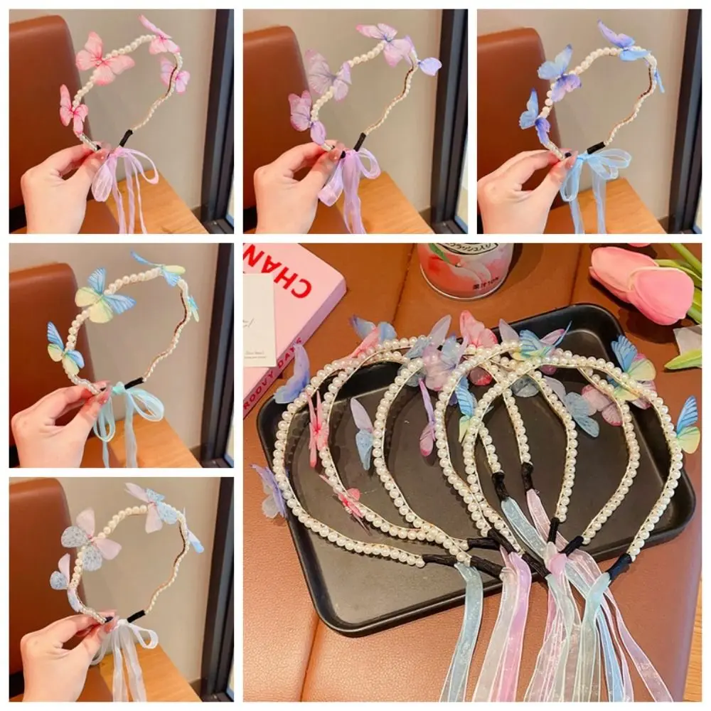 Head Wear Butterfly Ribbon Hairband 3D Gradient Color Children Pearl Headband Korean Style Hair Clip Moving Wings Hair Hoop