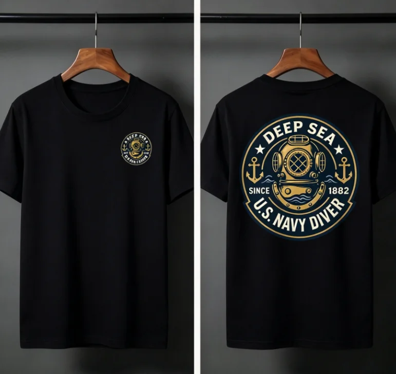2026 new Front‑Back Navy Diver Badge Graphic Print High‑Quality Comfort Loose Vintage Military‑Style Short‑Sleeve Tee