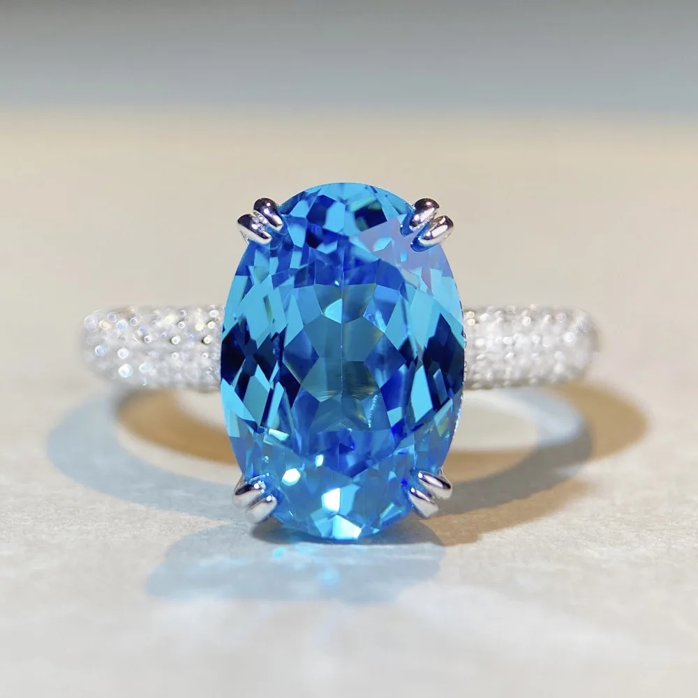 

2023 New Light Luxury Micro Inlaid Sea Blue Treasure Diamond Ring Simple and Premium Banquet Style S925 Pure Silver