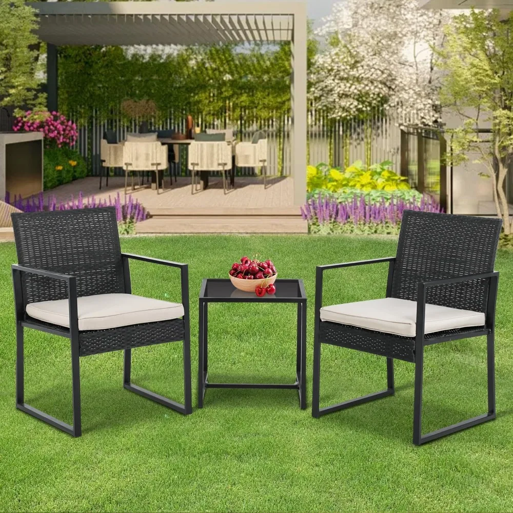 3-Piece Wicker Bistro Set Outdoor Conversation Set Sturdy Frame Wicker Furniture with 2 Chairs Cushions Tempered Glass Table