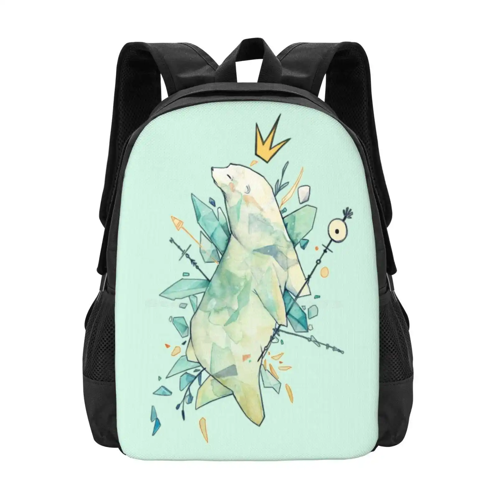 

Polar Bear King Large Capacity School Backpack Laptop Bags Mammal Bear Animal Cold Cool Turquoise Crystal Gem Ice Kingdom