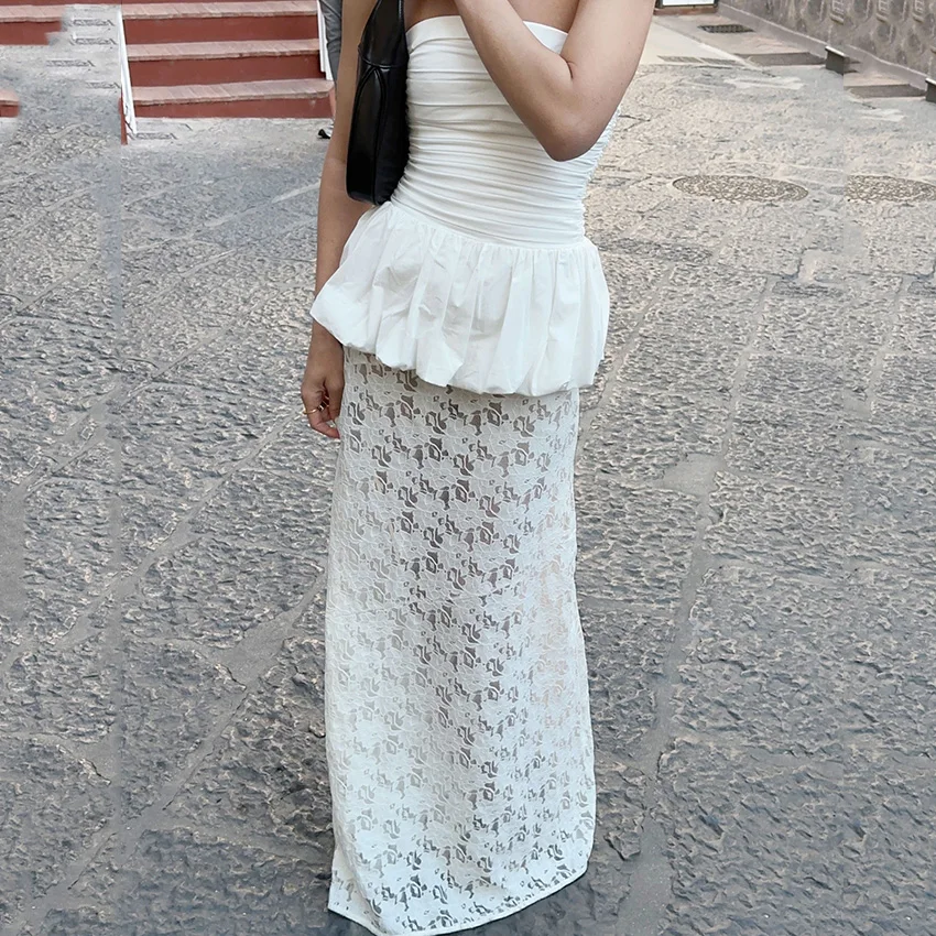 

Linad Элегантные белые длинные юбки с вышивкой, женские сексуальные прозрачные юбки трапециевидной формы с высокой талией, уличные шикарные свободные кружевные юбки, женская осень 2023 г.