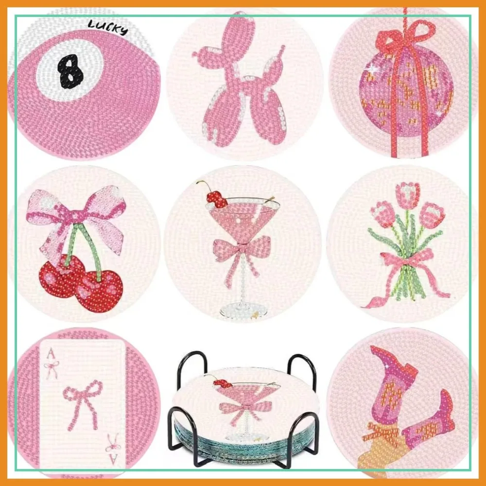 

8 Pcs Pink Disco Diamond Art Coasters with Holder, Non-Slip DIY Dot Paint Craft Kits, 5D Full Drill Gem Art for Home Decor