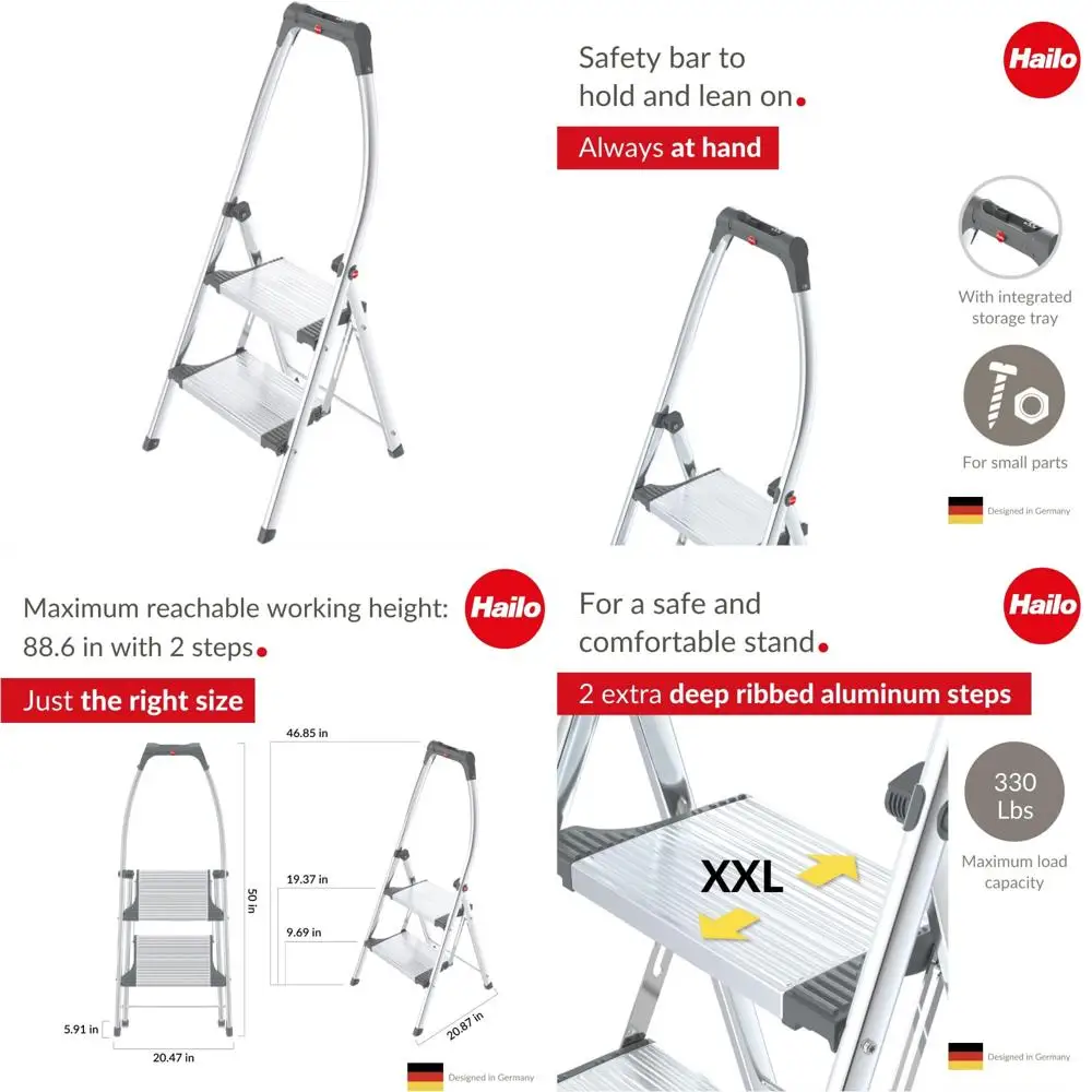 Pasos plegables de aluminio extragrandes con riel de alta seguridad, pies de agarre suave y construcción de acero inoxidable para una mayor comodidad