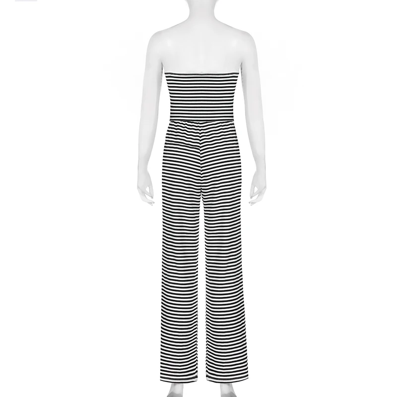 BIIKPIIK Casual Striped Wide Leg Jumpsuits Black White Contrast Color Strapless Lace-up Women Rompers Vacation Autumn Overalls