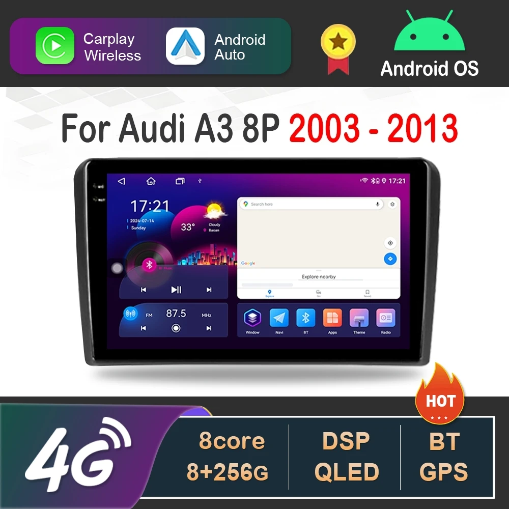 9 inch for Audi A3 8P 2003 - 2013 Wireless Carplay Android 16 Car Radio Multimedia Player 4G WiFi GPS Navigation BT DSP Stereo