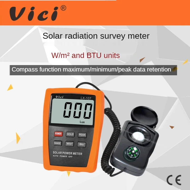 Vici Solar Power Meter LCD BTU Light Radiation Tester Compass Optical Solar Research Glass Light Intensity Data Peak Hold LX107