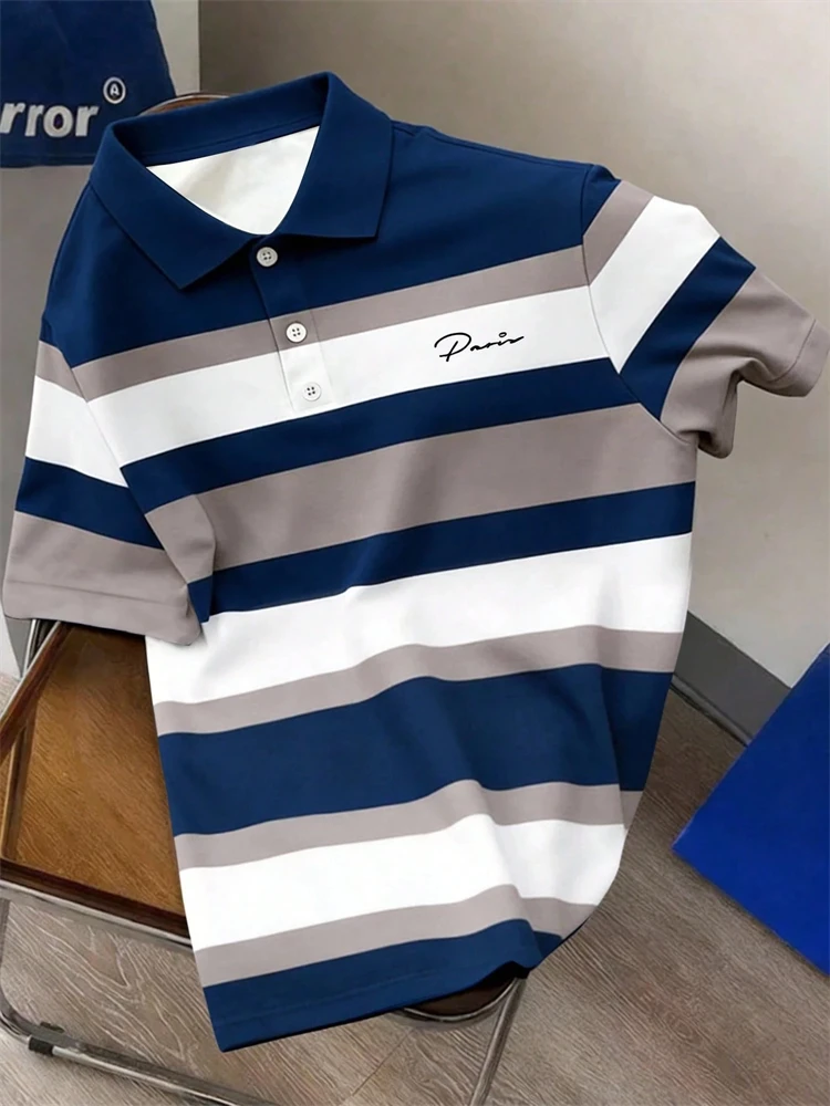 Men's Striped Print Short-Sleeve Polo Shirt Summer Outdoor Casual Collared Short-Sleeve T-Shirt New Arrival Mens Fashion T-Shirt
