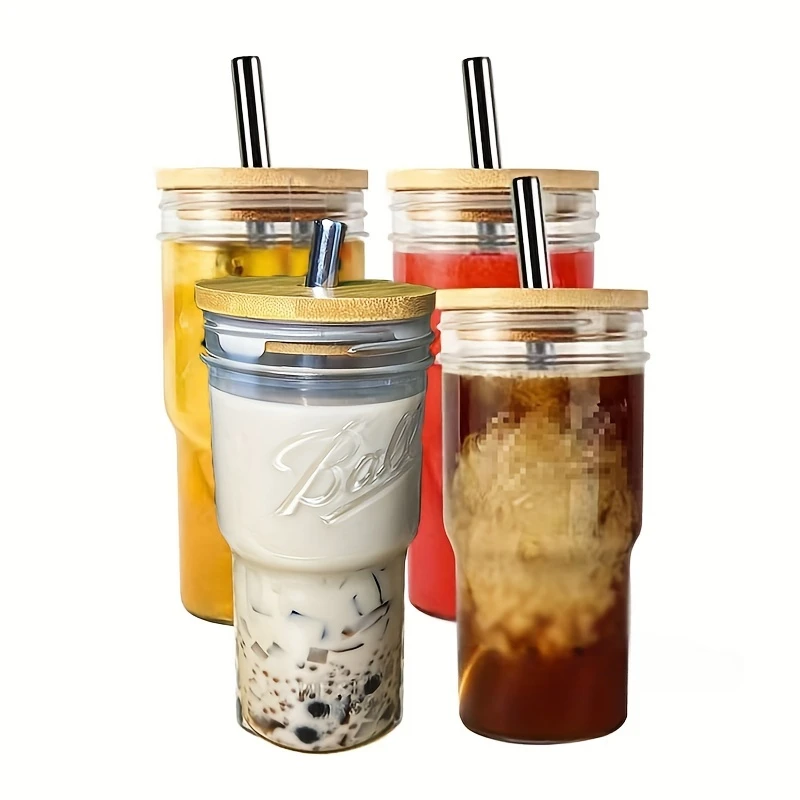 

4pcs Japanese Drinking Glass With Bamboo Lid And Straw 25oz Portable Glass Tumbler For Iced Coffee Bubble Tea Summer Drinks