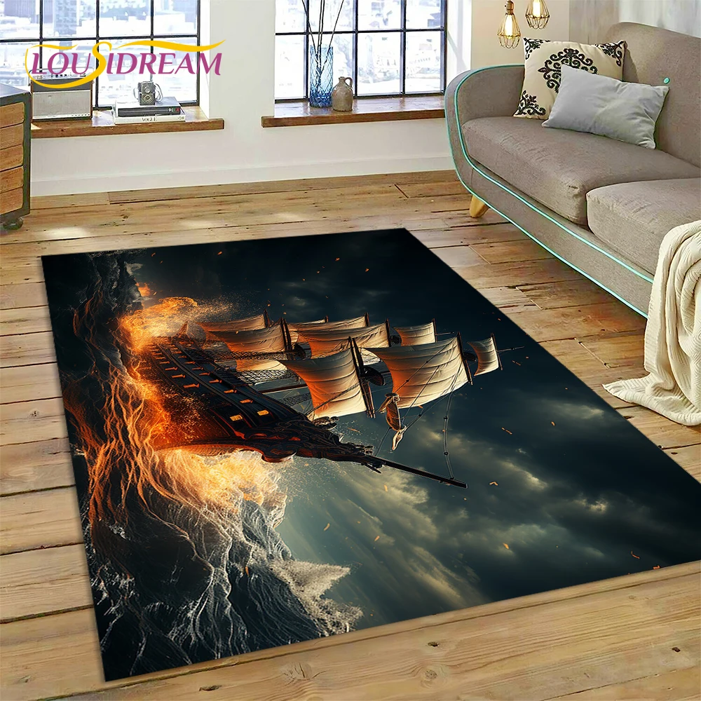 Ancient Pirate Ship Boat,Barque,Sailboa Rug Carpet for Living Room Bedroom Decor,Floor Mat Non-slip Decoration for Sofa Doormat