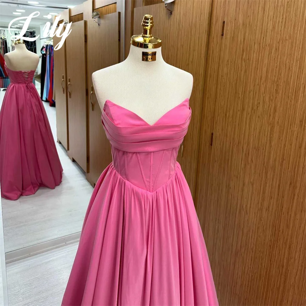 Lily Pink Woman Evening Dress Gown A-Line Sexy Sleeveless Sweetheart Night Dress Gown with Pleats Satin Custom robes de soirée