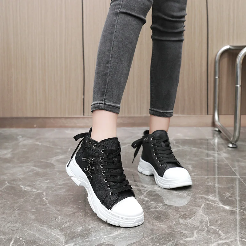Trendy High Top Canvas Shoes 2024 Autumn New Design Sense Thick Sole Height Increase Anti Slip Versatile High Top Women\'s Shoes