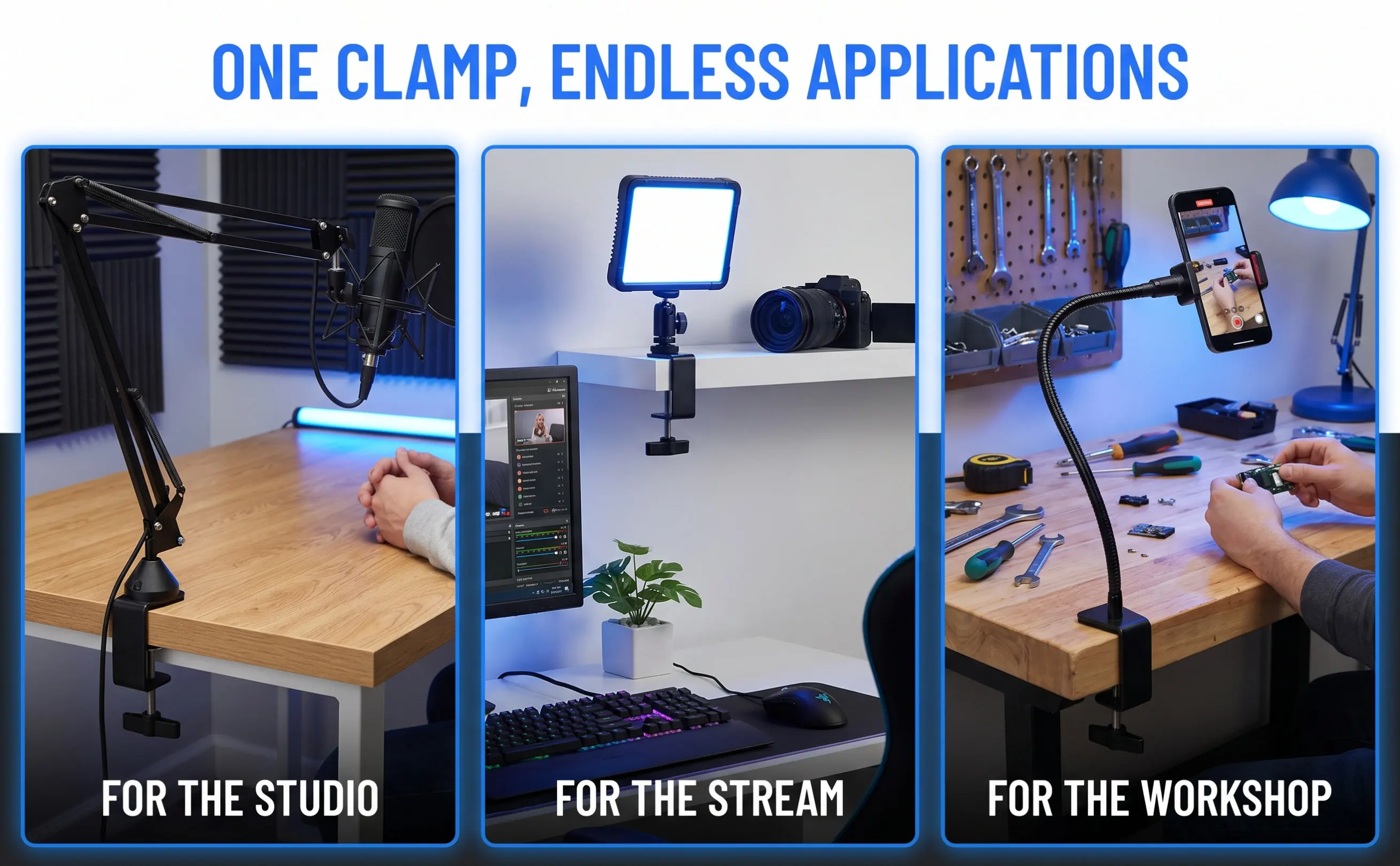 Professional Heavy-Duty Table Mount C-Clamp for Microphone Desk Studio Broadcast Stage Use Stainless Steel Silicone Padded