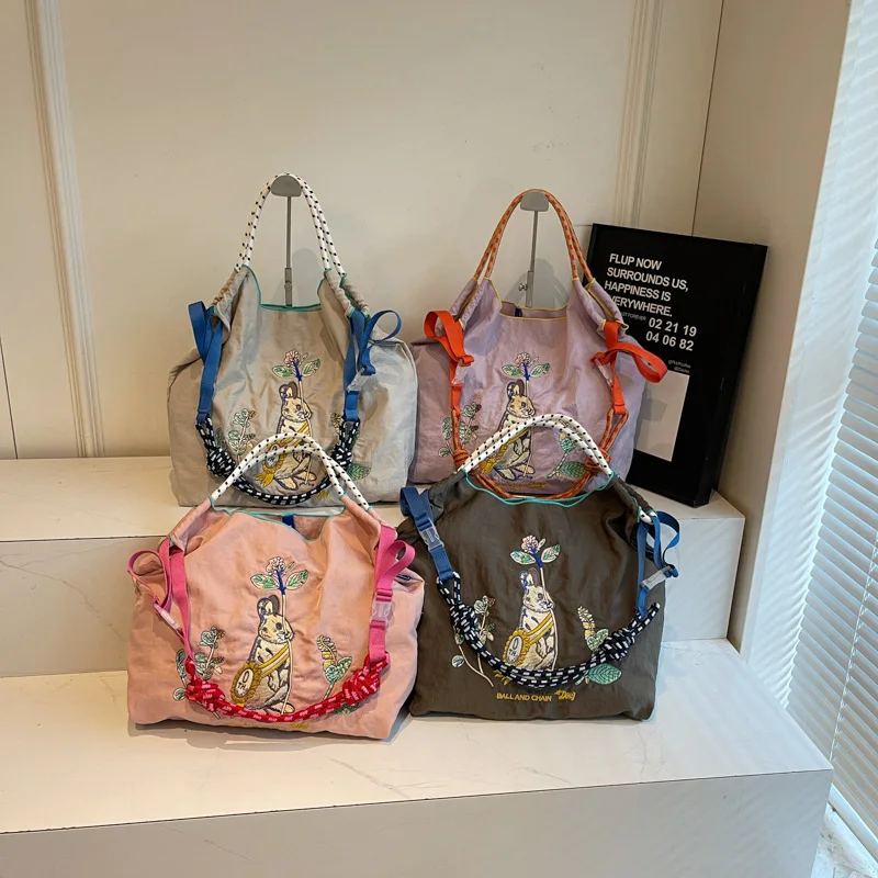 

Экологически чистая сумка для покупок с милой вышивкой кролика, нейлоновая модная универсальная портативная легкая сумка через плечо