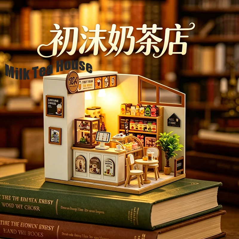

Diy Wooden Bubble Tea Shop Miniature House Model Assembly Material Kit Micro Landscape Ornament For Home Decor doll house gifts