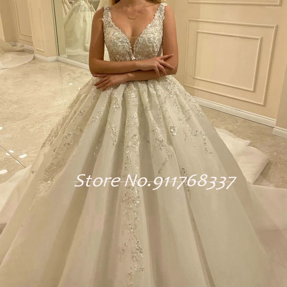 Vestidos de Novia Pailletten Perlen wunderschöne Brautkleider von der Schulter Vintage Robe Mariage Schnürung zurück Brautkleider